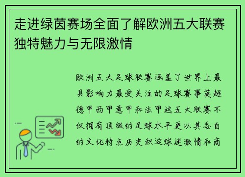 走进绿茵赛场全面了解欧洲五大联赛独特魅力与无限激情